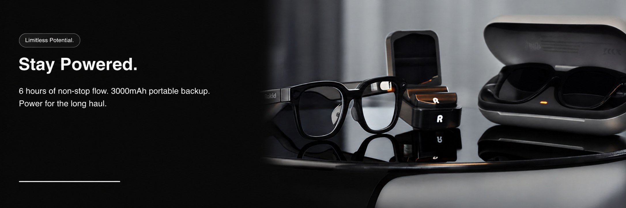 Rokid AI glasses with accessories — case, charging capsule, and lens options