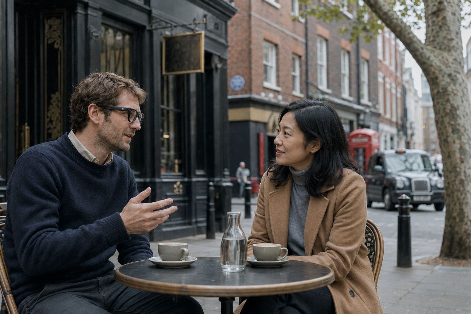 Two people in conversation with Rokid AI glasses showing live translation