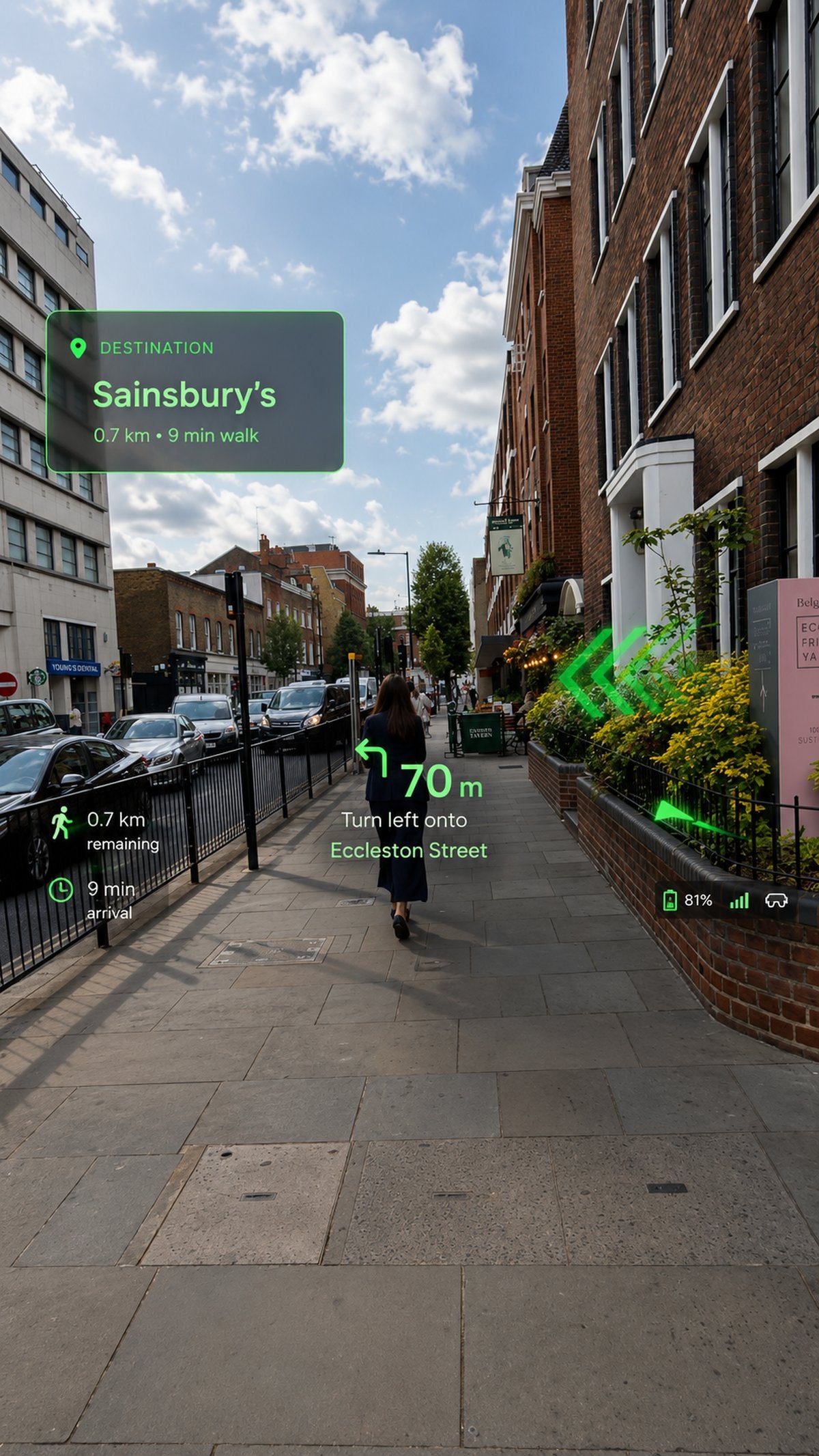 Turn-by-turn navigation shown in view while walking in London