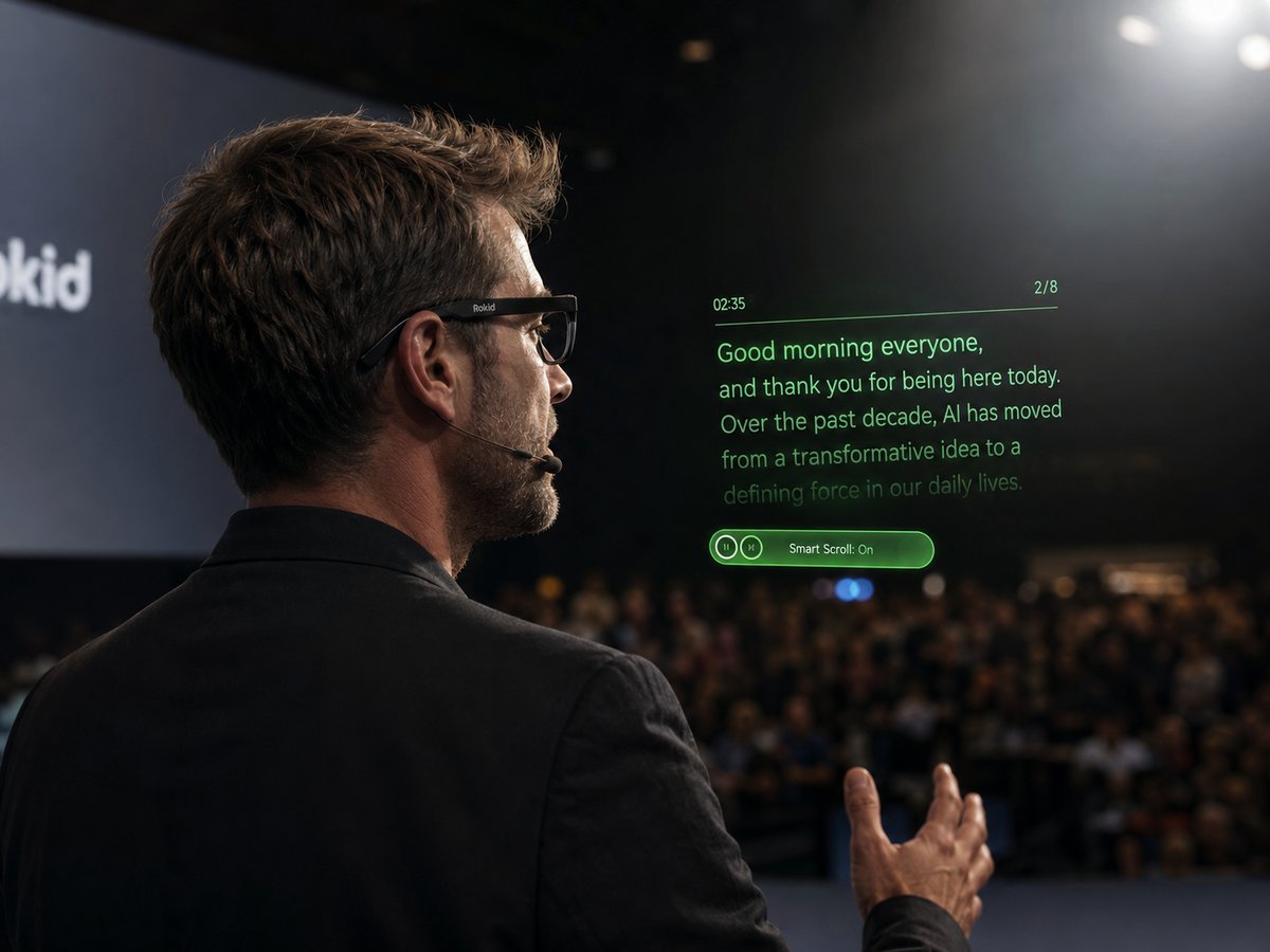 Teleprompter-style guide shown in view during a presentation on stage